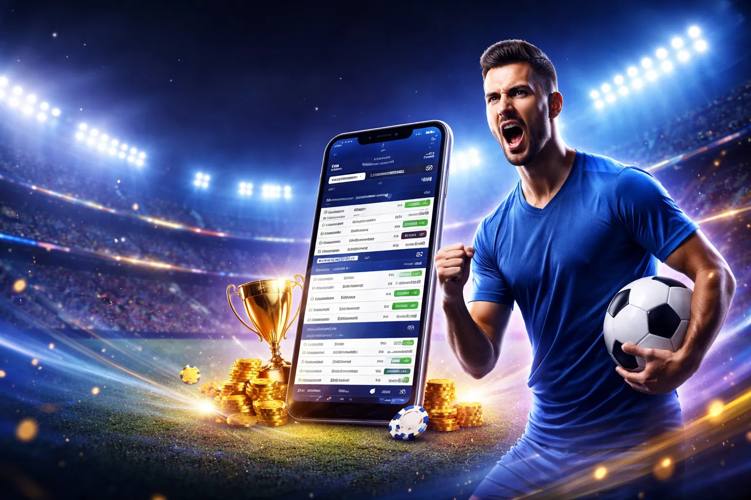 Sân vận động với ánh đèn rực rỡ, biểu tượng của cá cược thể thao 65win